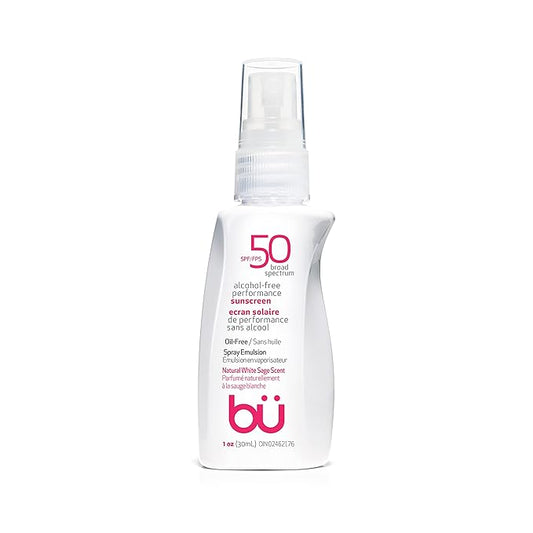 BU SPF 50 Sunscreen Spray for Face and Body, TSA Travel Size Sunscreen, Clear, Non Greasy, Water Resistant, for Sensitive Skin, White Sage 1 oz