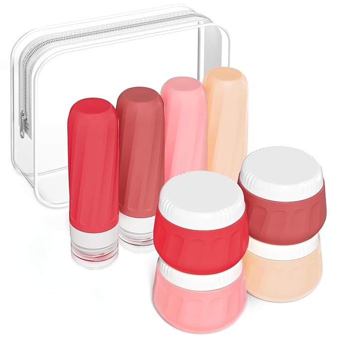 Travel Bottles for Toiletries 8 Pack, Travel Size Toiletries, Tsa Approved Travel Size Containers 3oz, with Travel Essentials Clear Bag, Leak Proof Silicone Squeezable Creams Jars