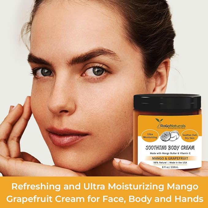 RaGaNaturals Natural Mango Butter Body Cream for Dry Skin for Women, Men - Tropical Plant-Based Hydrating Moisturizer with Avocado Oil and Vitamin E - Non-Greasy, Vegan, Cruelty-Free, Smell Good -8 Oz