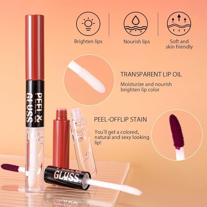 2Pcs Peel off Lip Stain Lip Oil Dual Ended Combo Set with Tweezer, 2 in 1 Baby Pink & Vivid Coral Lips Liner Stain Oil Long Lasting Waterproof, High Pigmented Flawless Lips Tint Stick Not Faded