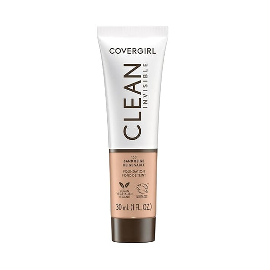 COVERGIRL Clean Invisible Foundation Makeup, Dewy & Glowy Natural Finish, Buildable Coverage, Skin-Like Smooth Look, Vegan, Sand Beige, 1oz