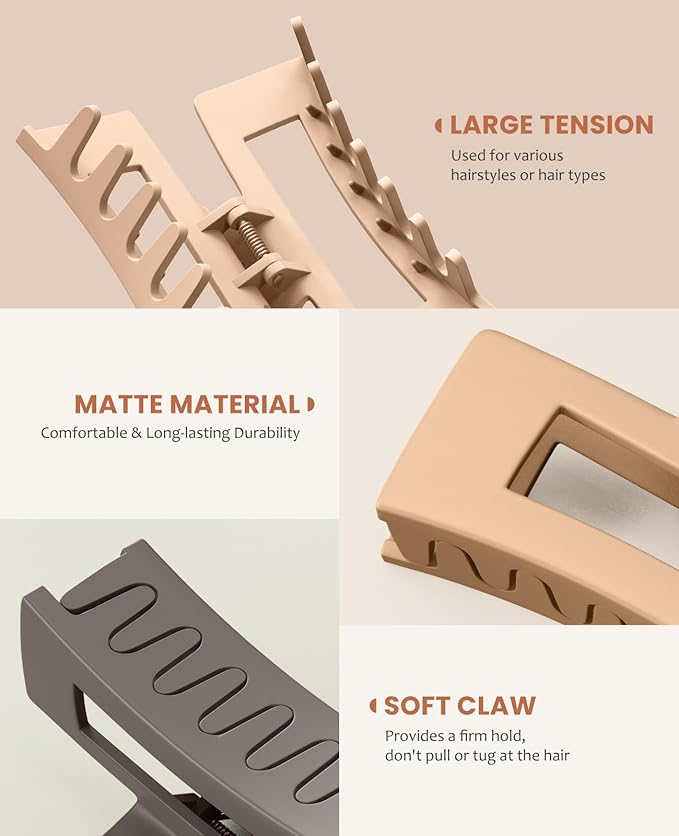 OPAUL Large Matte Square Nonslip Hair Claw Clips, 4.75" Strong Hold Big Neutral Hair Accessories for Long Hair for Women and Girls (8 Pack)