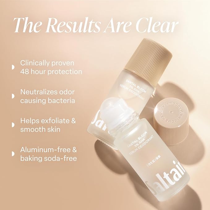 Saltair Serum Deodorant Santal Bloom 2 Pack. 5% AHA Formula. Lactic Acid and Mandelic Acid Deodorant. Aluminum Free Odor Control for Women and Men. Travel Essentials, 2x 1.7oz Roll On