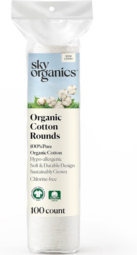 Sky Organics Organic Cotton Rounds for Sensitive Skin, 100% Pure GOTS Certified Organic for Beauty & Personal Care, 100 ct. w Ebook