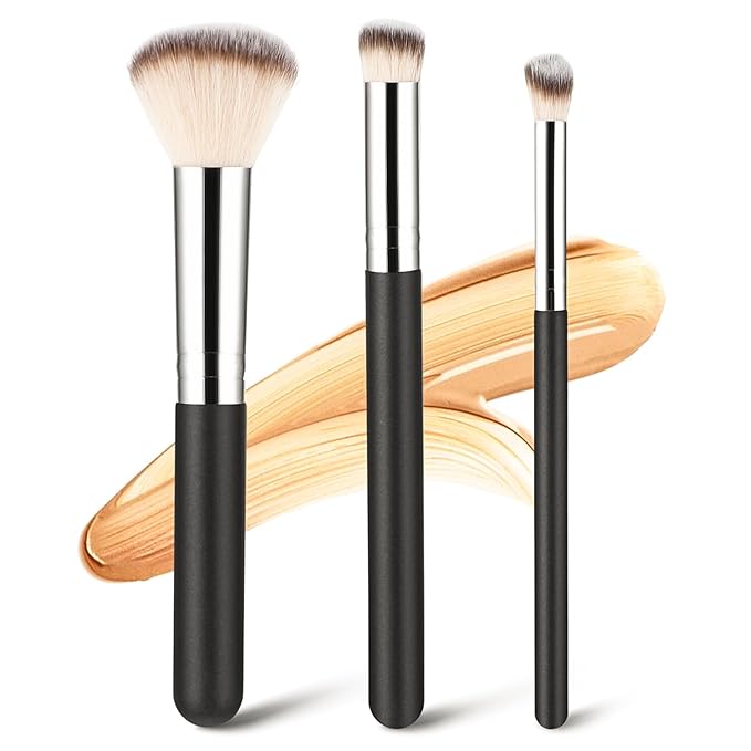 3 Pcs Foundation Contour Brushes - Foundation Brush & Concealer Brush & Blusher Brush, Under Eye Nose Contour Kabuki Brush for Blending Liquid Cream, Sculpting, Highlighting, Mineral Makeup