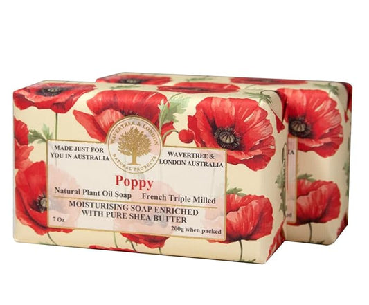 Wavertree & London Poppy Scented Natural Soap (2 Bars), 7oz Moisturizing French Triple Milled Soap Bars enriched with shea butter - Pure Plant Based Bath & Body Bars for All Skin Types