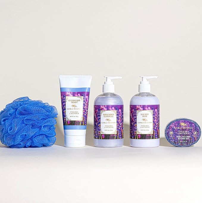 Camille Beckman Essentials Gift Basket, English Lavender, Glycerine Hand Therapy 6 oz, Silky Body Cream 13 oz, Hand and Shower Cleansing Gel 13 oz, Glycerine Soap 3.5 oz