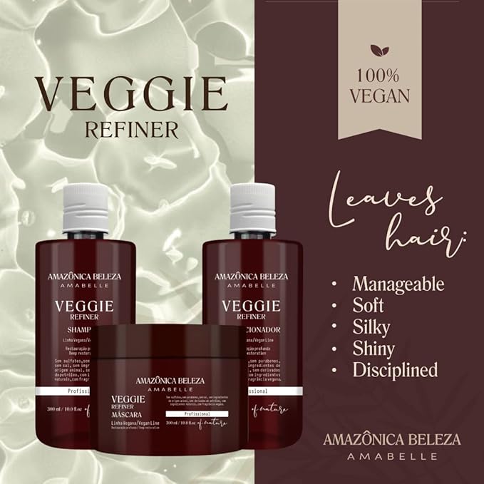 AMAZONICA BELEZA Vegan Veggie Refiner Kit, Nourishes, Moisturizes and Repairs, Sulfate, Parabens and Cruelty Free, Shampoo, Conditioner and Mask with Natural Ingredients for all Hair Types, 10 Oz