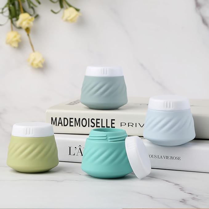 Gemice Silicone Cream Jars TSA Approved Travel Size Containers with Toiletry Bag, Wide Mouth Leak-proof Travel Accessories with Lid for Cosmetic Cream (4 Pack)