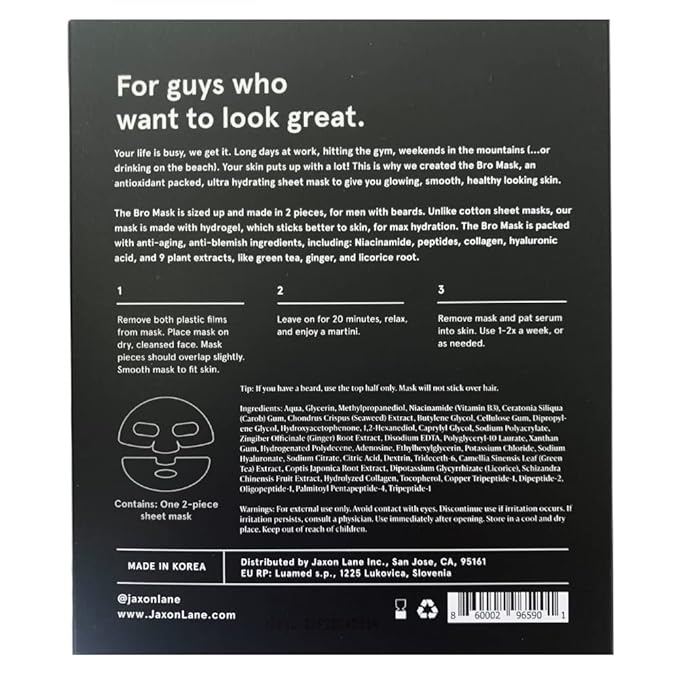 JAXON LANE BRO MASK Korean Face Mask for Men: Premium Mens Face Mask Skin Care & Facial Anti Aging Sheet Masks with Hydrogel, Vitamin C & E, Hydrating Hyaluronic Acid & Hydrolyzed Collagen (4 Pack)