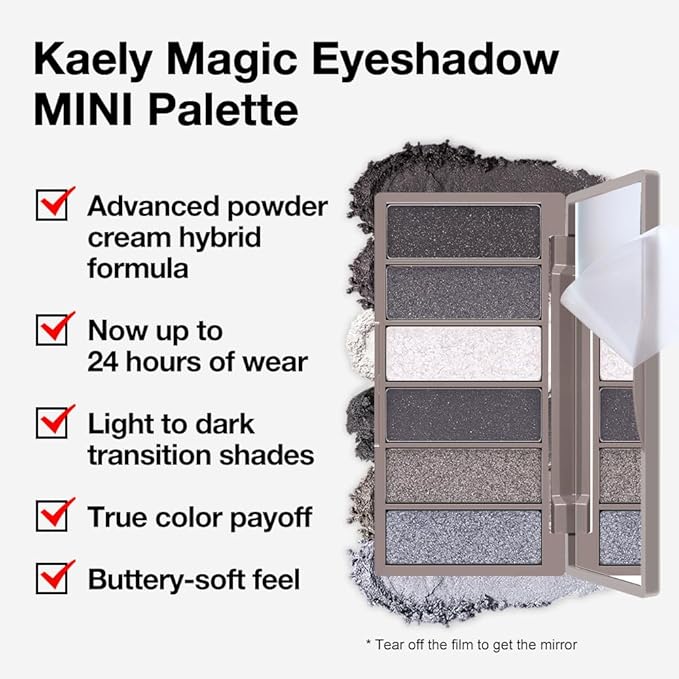 Kaely 6 Colors Mini Smoky Eye Shadow Palette Makeup, Black Grey White Silver Glitter Shimmer Smokey Eye Eyeshadow Palette for Older Women Pigmented Waterproof, Goth Halloween Makeup, Cruelty-free 02