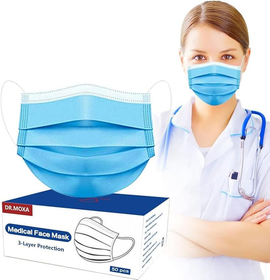 DR.MOXA 50 Pack Disposable Face Masks, Medical Grade 3 Ply Masks for Protection Blue