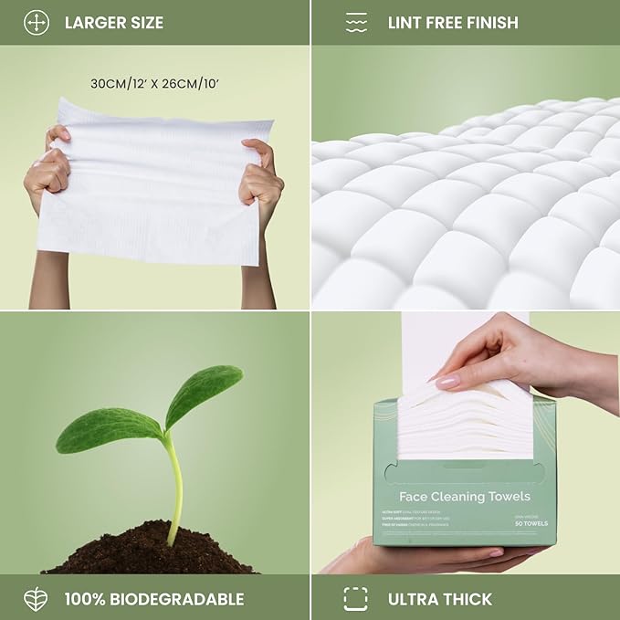 PLANTIFIQUE Disposable Face Towels XL 10"x12" - 100% Biodegradable Viscose Facial Towelettes for Women Skin Care - Face Cleaning Towel 30 Count