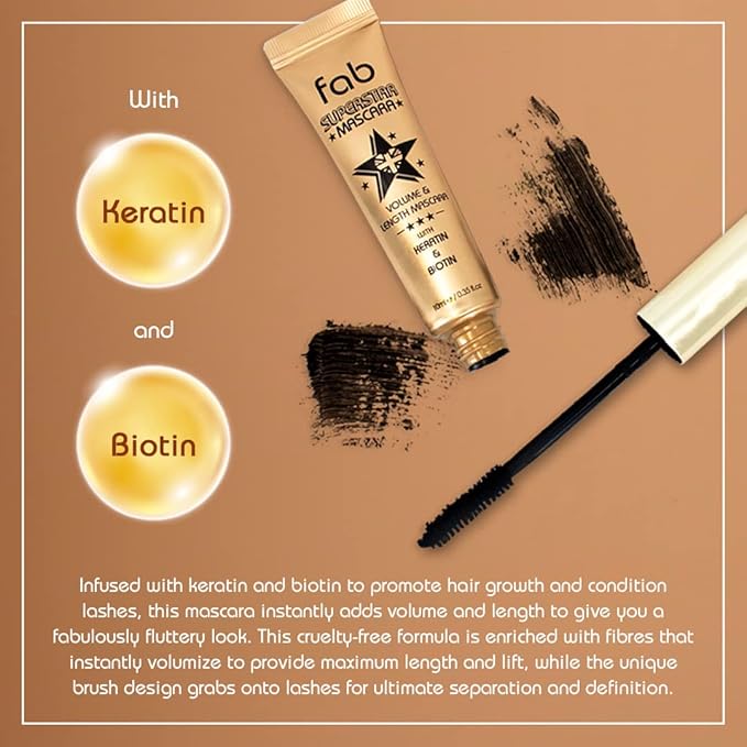 Fab Superstar Mascara: Waterproof Volumizing High Lash Lift Beauty Mascara: Black Liquid Mascarra for Bold Volume and Length - Infused with Keratin and Biotin for Longer, Better Defining Lashes - 10ml