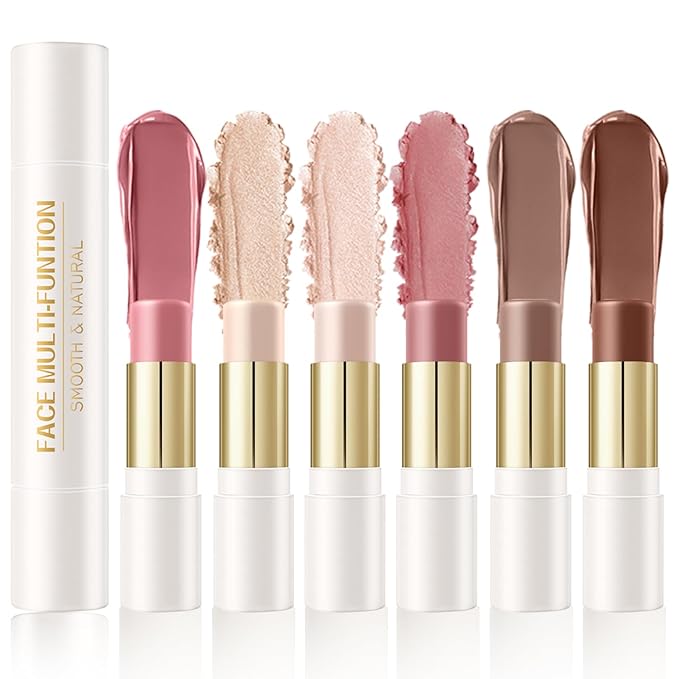 6 Colors Cream Contour Sticks Set, Shades with Highlighter, Bronzer and Blush, Double Ended Contour Sticks for Cheeks,Long Lasting, Waterproof and Matte Finish Makeup Kit (SET B)