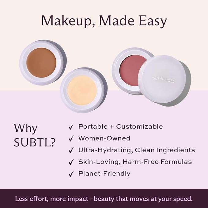 Subtl 3-in-1 Makeup Stack – Cream Bronzer, Powder Highlighter & Lip Glaze for On-the-Go Touch Ups – Lightweight, Travel-Friendly, Blendable Balm (Light/Caramel)