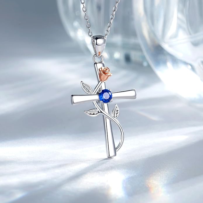 Cross Necklace for Women, 925 Sterling Silver Birthstone Necklace for Women with Rose Flower Birthstone Womens Jewelry Birthday Gifts for Wife Women