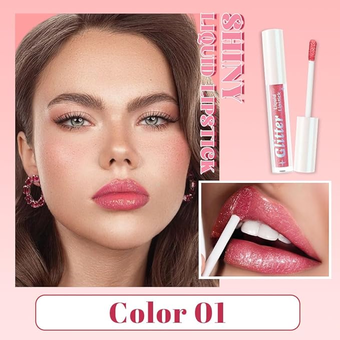 Nude Pink Metallic Lipstick for Women,Lightweight Glitter Sparkling Liquid Lipsticks,Shimmer Lip Gloss Stain Long Lasting Waterproof Smudge Proof Non-Drying 24 Hour Full Coverage Lip Makeup,Vegan