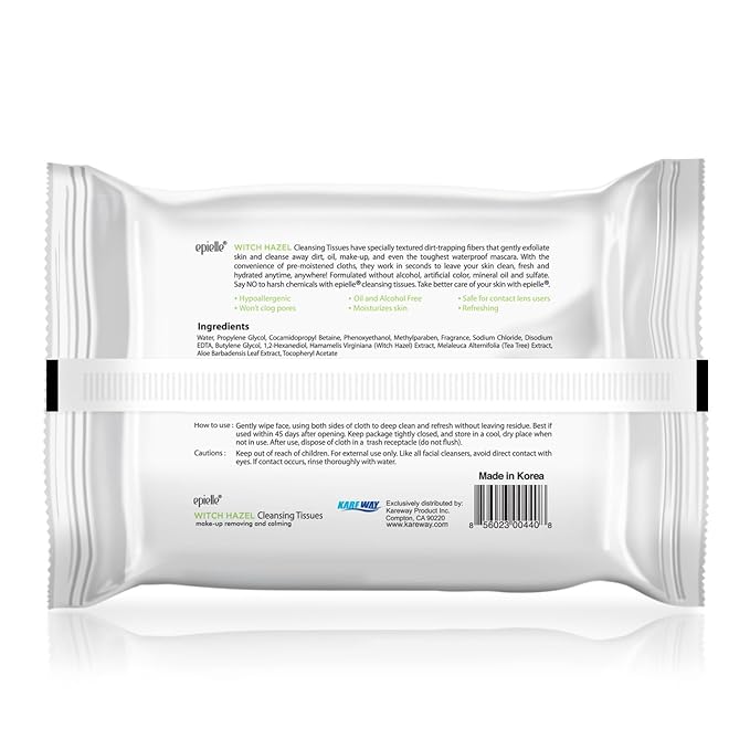 Epielle New Witch Hazel 30ct Makeup Cleansing Wipes Deep Cleans Pores & Refresh Skin with Calming Formula (6 packs)