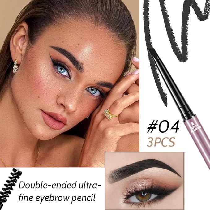 3 Pcs Black Eyebrow Pencils for Women,with Spoolie Brush,Eyebrow Pencil Soft Textured,Waterproof Sweat-proof for Fills in Sparse Areas and Gaps Create a Natural Eye Brow,Vegan & Cruelty-Free