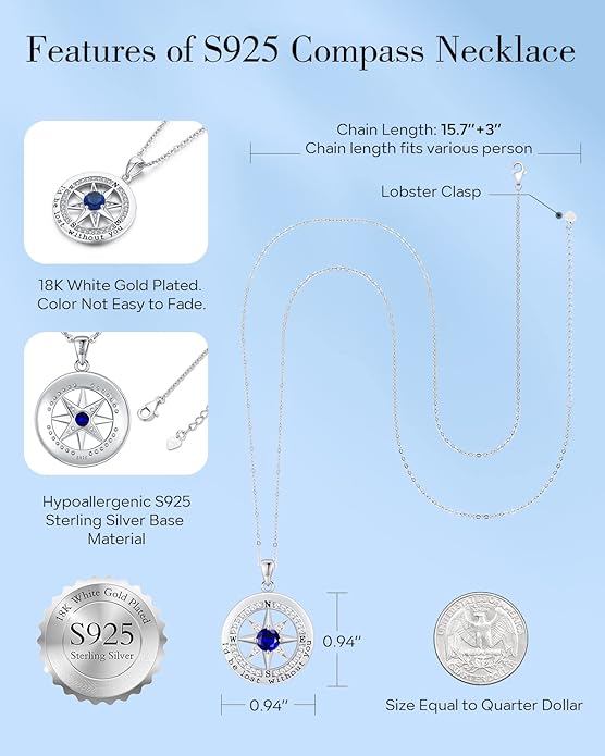 S925 Necklace Gift for Wife |Compass Jewelry |Women Anniversary |Sterling Silver |Girlfriend Birthday Gifts for Her Valentines |I'd be Lost without You |Jewel 18K Gold