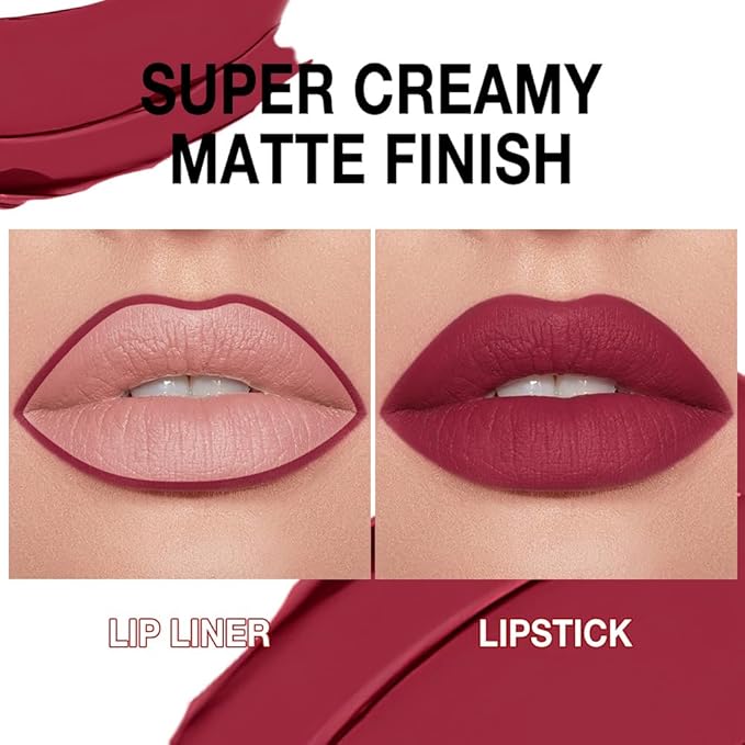 evpct Wine Red Gradient Matte Lipstick Lip Liner Crayon Combo Pencil Set for Women Long Lasting Waterproof, Plum Red Matte Cream Lip Liner and Lipstick Combo Makeup Set, Flawless Gradual Ombre Effect