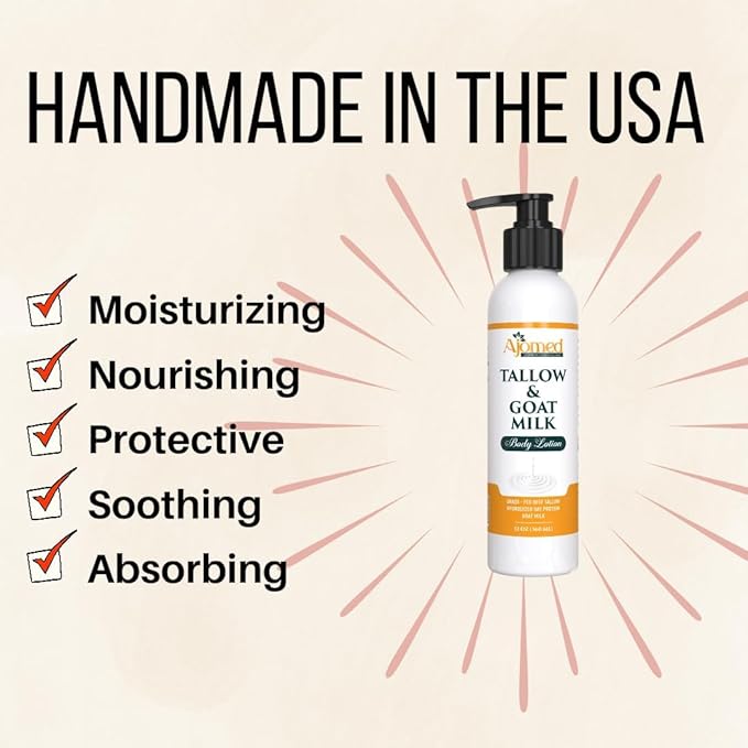 Tallow & Goat Milk Body Lotion for Sensitive Skin, Organic Lotion - tallow for skin cream, Dry skin, Goat Milk face and body Moisturizer - Handmade lotion (12oz, OATMEAL & HONEY)