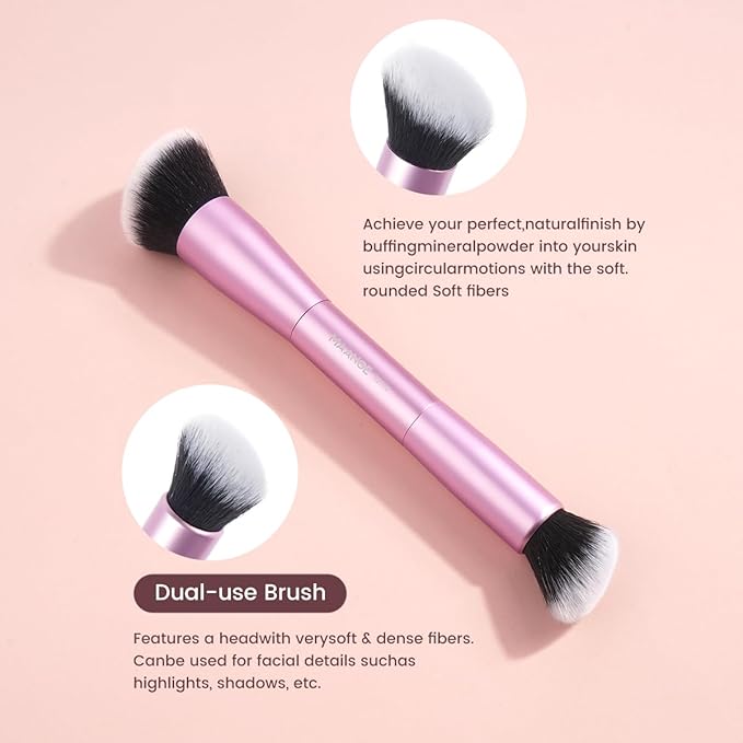 MAANGE 15 PCS Makeup Brushes Double-ended Makeup Brush Set Double Sided Angled/Round Top Brush Foundation Contour Blending Eyebrow Eyeshadow Concealer (Pink)