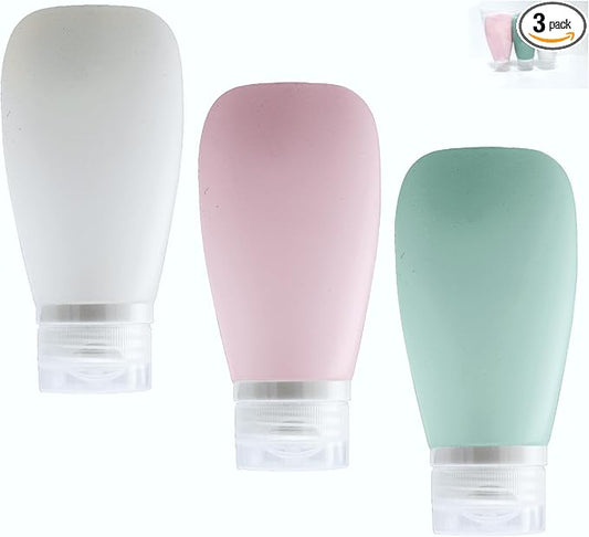 Travel Bottles for Toiletries, TSA Approved 3oz Leak Proof Silicone Refillable Squeeze Travel Size Containers BPA Free Air Travel for Shampoo, Lotions, 3-pk (Pink-White-Teal)