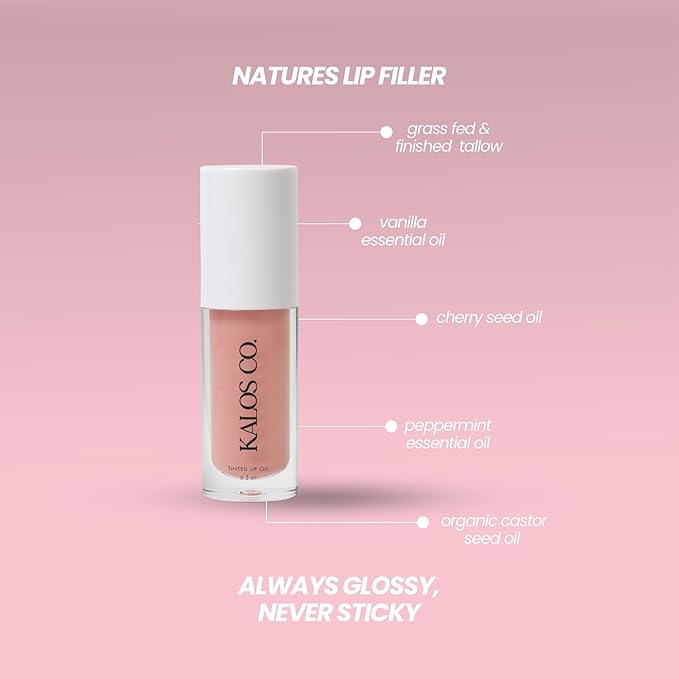 Tinted Lip Oil with Tallow & Lanolin – Hydrating Balm-Gloss Hybrid with Cherry Seed Oil & Castor Oil – Natural Mineral Pigments, Nourishing Moisture, Non-Sticky Shine (5 Shades) (Blossom)