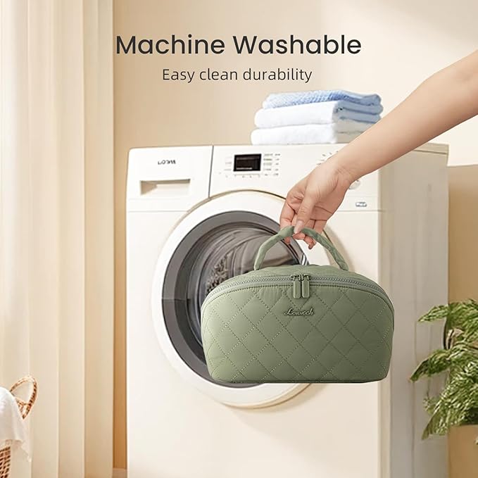 LOVEVOOK Travel Makeup Bag for Women, 2Pcs Set Puffer Waterproof Cosmetic Organizer, Large Capacity Pouch Open Flat Toiletry Bag with Divider & Handle, Portable Gift for Her, Green