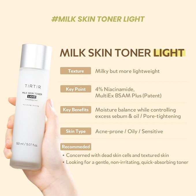 TIRTIR Milk Skin Rice Toner Light | Instant Hydration with 4% Niacinamide, Pantenol, Lightweight, Pore-Tightening, Vegan, Acne-Prone, Oily Skin, Fungal Acne Safe, Korean Skin Care, 5.07 Fl Oz