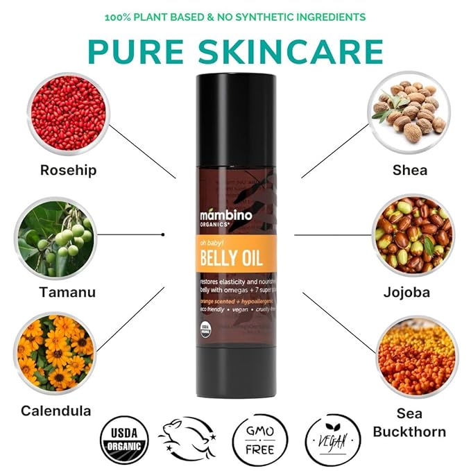 Mambino Organics Oh Baby! Belly Oil for Pregnant Women, Organic Stretch Mark Oil for Pregnancy, Postpartum Skin Elasticity, Hydration, With Tamanu, Shea Butter, Calendula, Vegan, Non-GMO, 2 fl oz