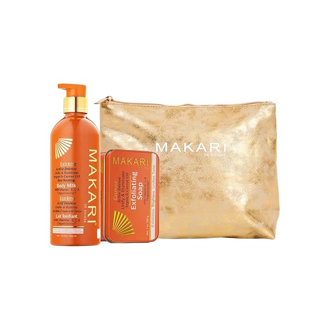MAKARI Extreme Argan & Carrot Seed Oil Skin Toning 2 Piece Gift Set | Exfoliating Soap & Tone Boosting Body Lotion Ideal for All Types, Botanical Self Skin Care Kit with Free Makeup Bag
