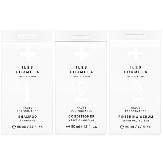 ILES FORMULA Mini Signature Collection – Moisturizing Travel Shampoo & Conditioner w/Mini Finishing Serum Blow Dry Cream for Dry, Damaged, Frizzy Hair - Salon Grade Anti-Frizz Hydrating Hair Care Set