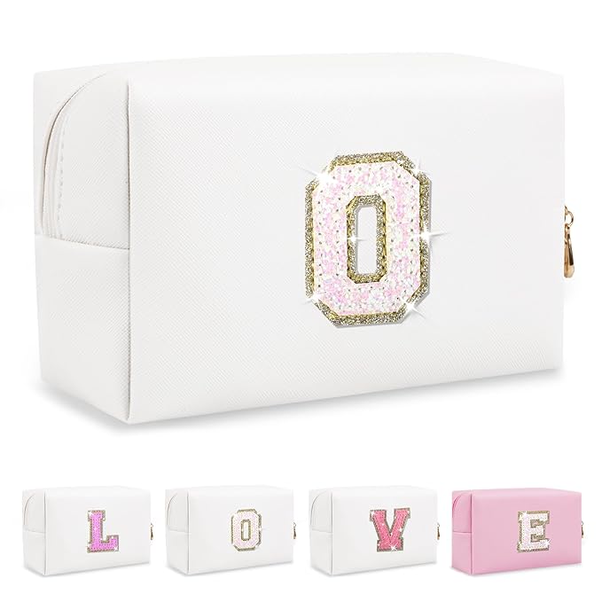 Small Initial Patch Makeup Bag Personalized Gifts Make Up Bag,White Cute PU Leather Glitter Letter Cosmetic Bag with Zipper,Trendy Portable Travel Toiletry Pouch,Preppy Stuff for Teen Girls Women O