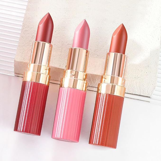 evpct 3Pcs Matte Creamy Lipsticks Set, Light Hot Nude Pink Brown Lip Stick Set for Women, Long Lasting Waterproof Velvet Lipsticks Blendable Silky, Longwear Lip Makeup Set 24 hours original labios 01