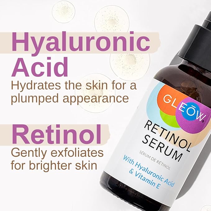 GLEOW Retinol Serum for Face with Hyaluronic Acid, Retinol for Face Is Suitable for All Skin Types, Hydrating Serum Women and Men Plumps Youthful Appearance 2oz