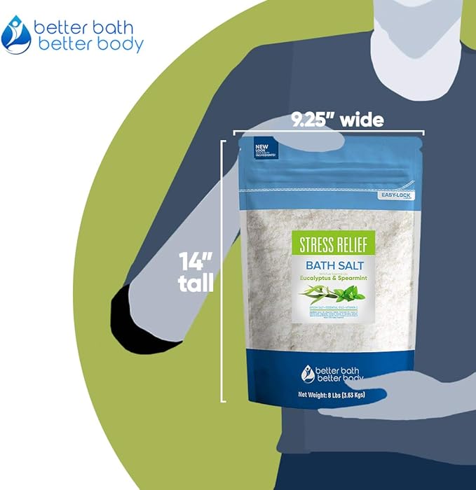 Stress Relief Bath Salt 128 Ounces Epsom Salt with Natural Spearmint and Eucalyptus Essential Oils Plus Vitamin C in BPE Free Pouch with Easy Press-Lock Seal