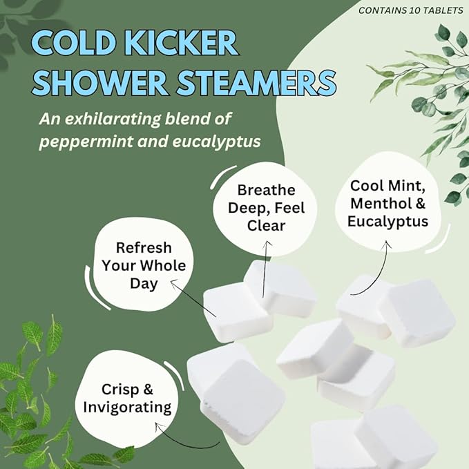 Cold Kicker Shower Steamers Aromatherapy for Sinus Relief - Adult Stocking Stuffer Christmas Gift - USA Made - Peppermint & Eucalyptus Shower Bomb Tablets - Soothing Natural Essential Oils (10 Pack)