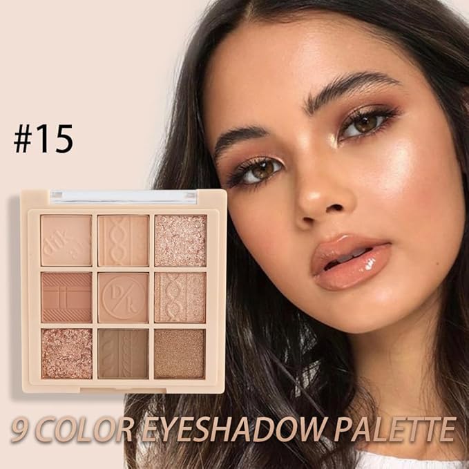 Matte Shimmer Pink Brown Eye Shadow Palette Makeup,Eyeshadow Long Lasting Waterproof Cruelty-Free , 9 Blendable Shades in Smooth Matte and Shimmer Finishes with Gorgeous Pearls for Girls (15#)