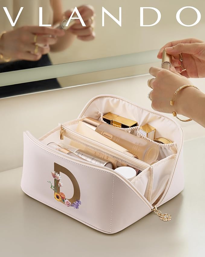 Vlando Birthday Gift For Daughter,Initial Makeup Bag for Teen Girls Women,Bridesmaid Gifts for Wedding Graduation Gifts for Girls Teacher (Letter D)