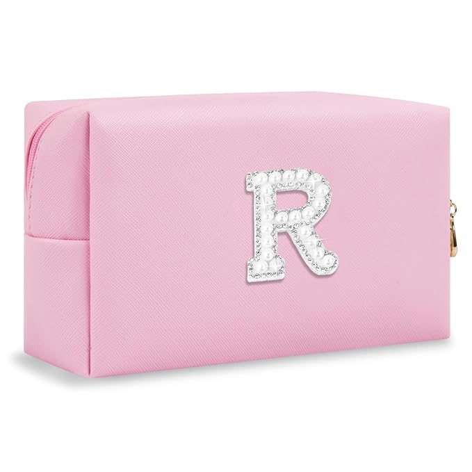 ChaoGreat Bride Gifts – Personalized Initial Makeup Bag with Pearl Rhinestone Patch, Preppy Pink Monogram Cosmetic/Toiletry Pouch, bridesmaid Gifts, Bridal Shower Gifts, Wedding Gifts, Bridal Gifts,R