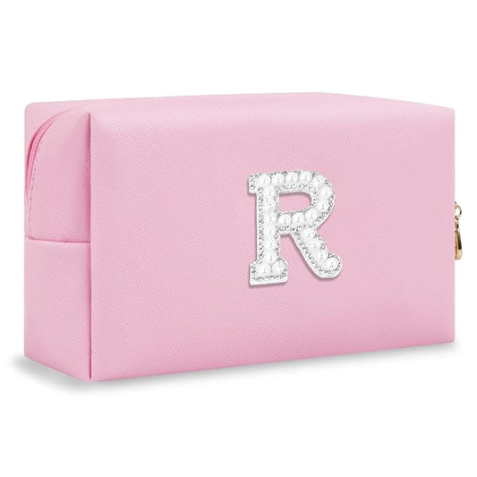 ChaoGreat Bride Gifts – Personalized Initial Makeup Bag with Pearl Rhinestone Patch, Preppy Pink Monogram Cosmetic/Toiletry Pouch, bridesmaid Gifts, Bridal Shower Gifts, Wedding Gifts, Bridal Gifts,R