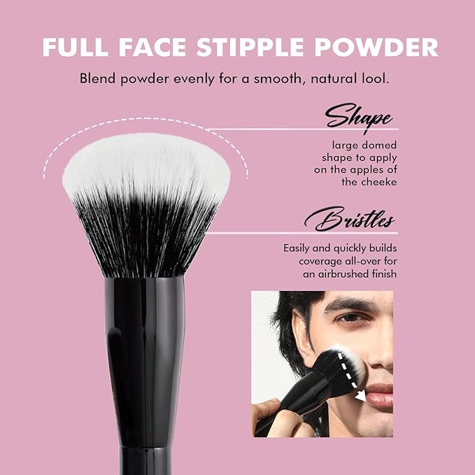 Bueart Design Full Face Powder Makeup Brush with Wooden Handle for setting,Blush,Bronzer,Highlighter,Extra Large Stipple Brush M3