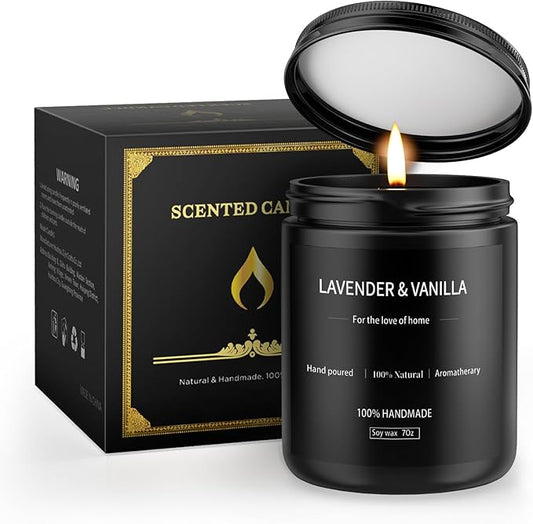Lavender & Vanilla Candle 7oz, Scented Candles for Men, Long Lasting Soy Candles for Home Scented, Black Mens Candle Gift for Birthday, Annivery, Christmas