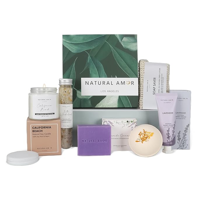 Natural Amor Handmade Spa Gift Set 6 pcs– Includes Citrus Bath Bomb, Lavender Hand Cream, Soap, Bath Salt, Candle – Relaxing Self-Care Kit for Women