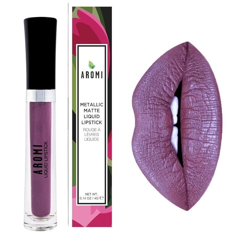Aromi Plum Mauve Metallic Liquid Lipstick | Long-lasting, Purple Lip Color with Shimmery Finish, Waterproof, Vegan, Cruelty-free, Gluten and Paraben Free (Vulgar Violet)