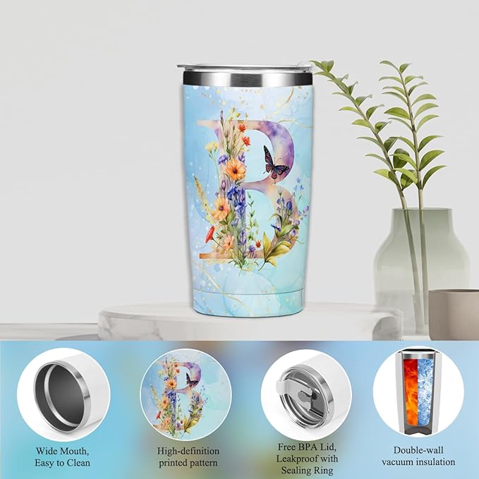 Personalized Gifts Monogrammed Birthday Gifts for Women, Cowerker Mom Mothers Day Christmas Initial 20 oz Tumbler, Makeup Bag Cup Ballpoint Pens Journal Notebook 6 Set, (Aesthetic Blue Flower B)