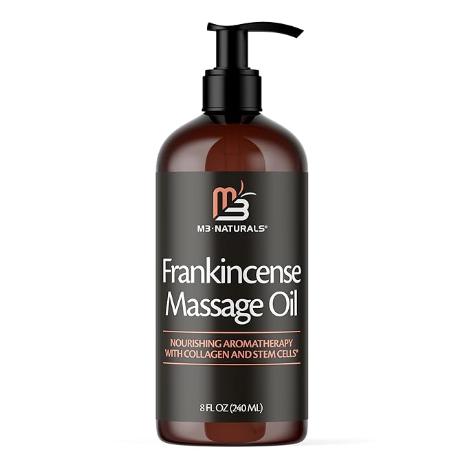 Frankincense Essential Massage Oil for Scars, Stretch Marks & Fine Lines, Firming, Hydrating, Smoothing & Calming Formula with Collagen, Stem Cells, Lavender & Grapefruit, 8 fl oz, by M3 Naturals